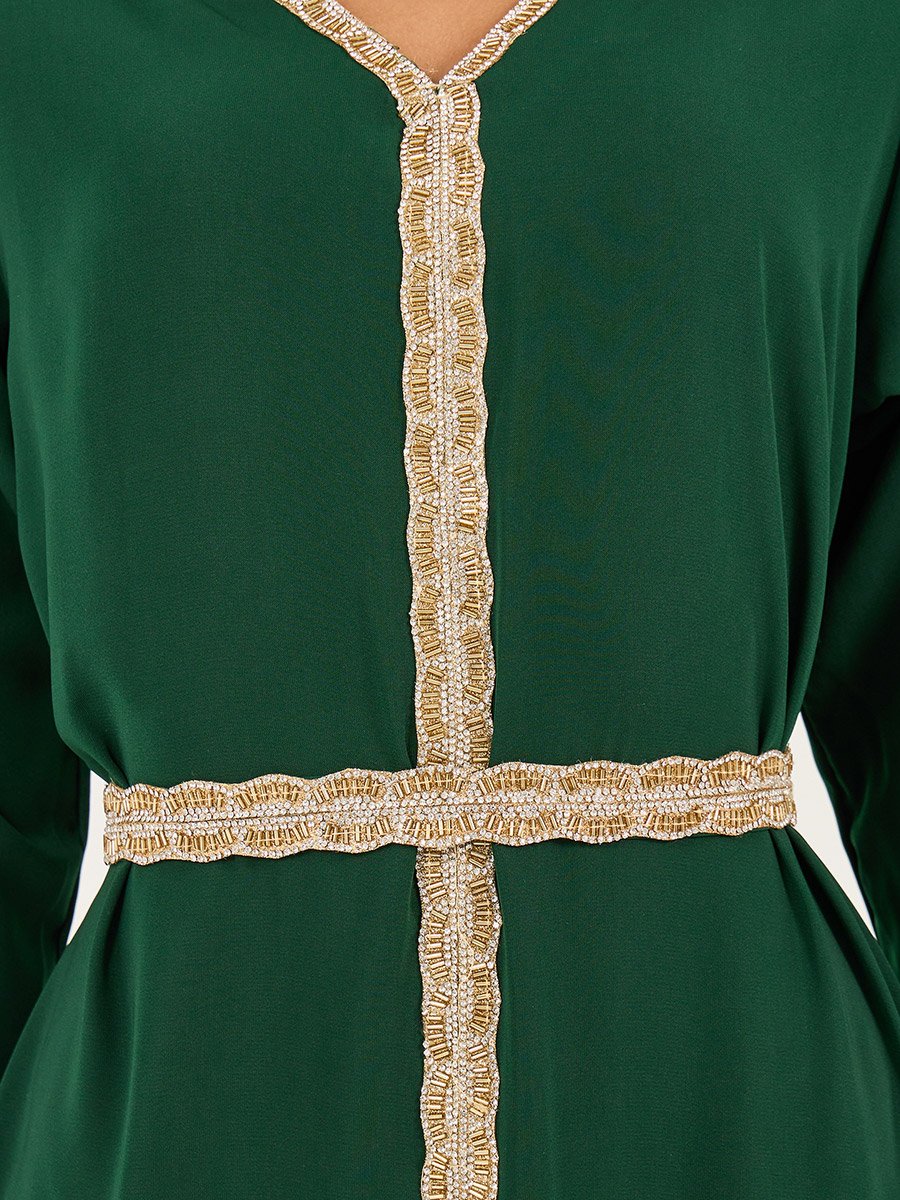 Embroidered Lace Trim V Neck Kaftan