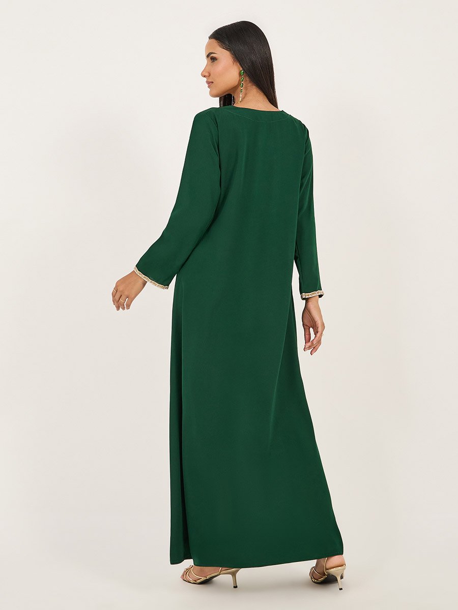 Embroidered Lace Trim V Neck Kaftan
