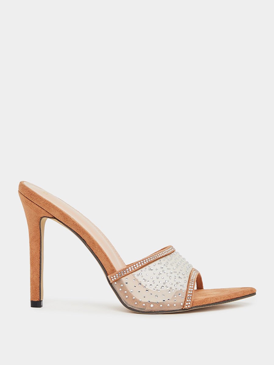 Suede Look Embellished Stiletto Heel Sandals