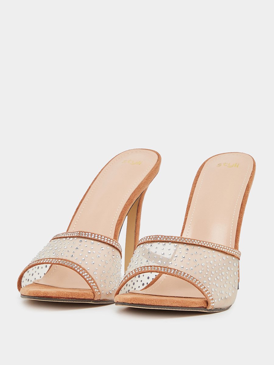 Suede Look Embellished Stiletto Heel Sandals