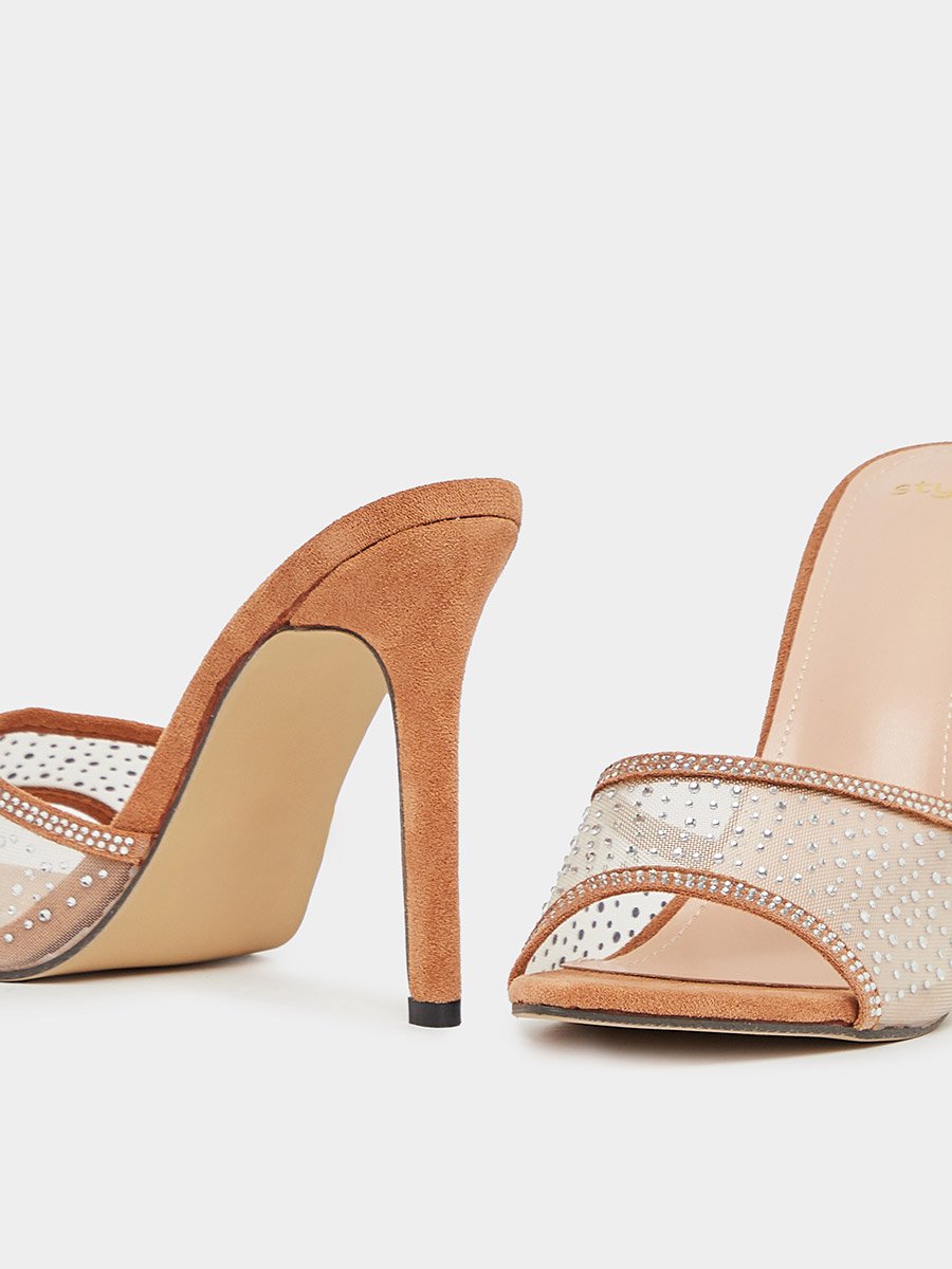 Suede Look Embellished Stiletto Heel Sandals