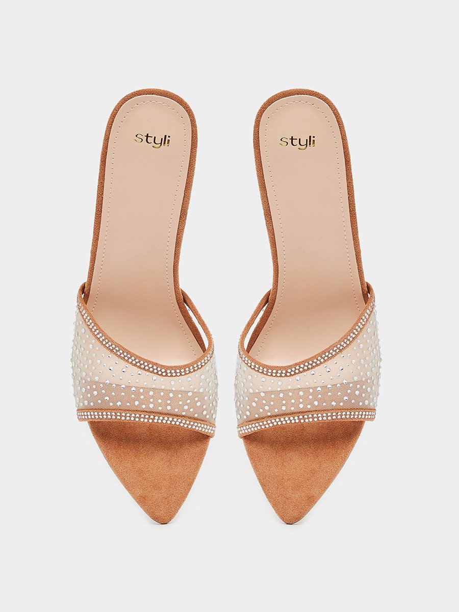Suede Look Embellished Stiletto Heel Sandals