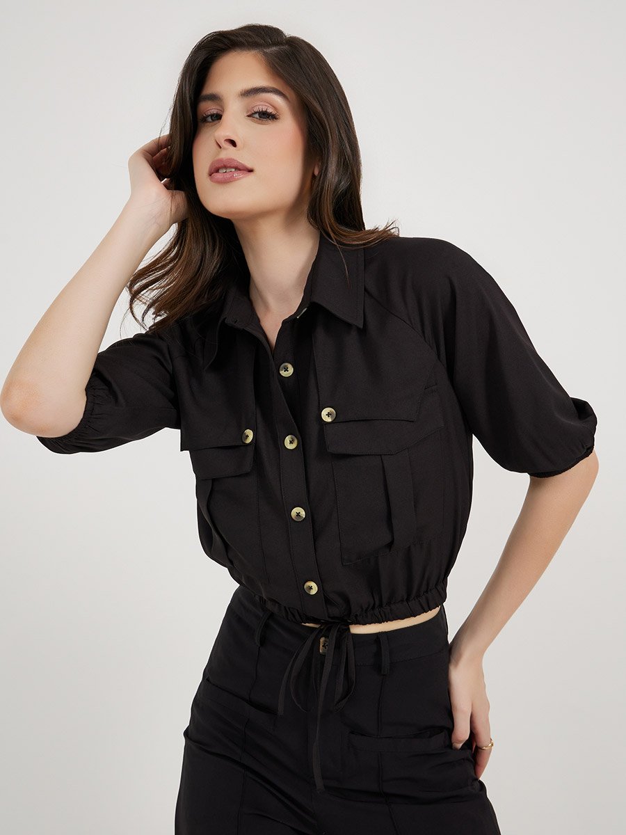 Balloon Sleeve Crop Shirt with Drawstring and Pockets Detail