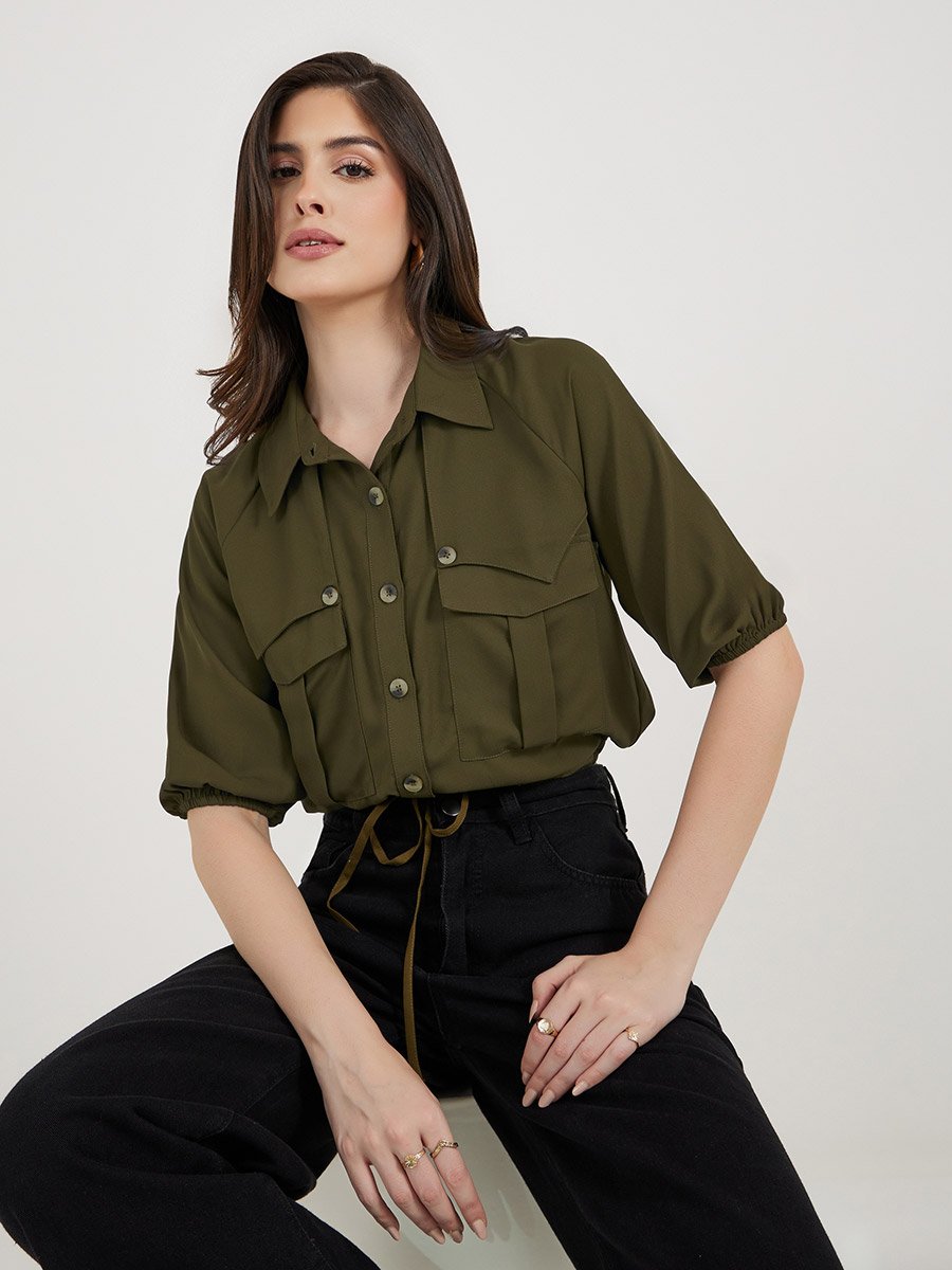 Solid Balloon Sleeve Crop Shirt with Pockets and Drawstring Detail
