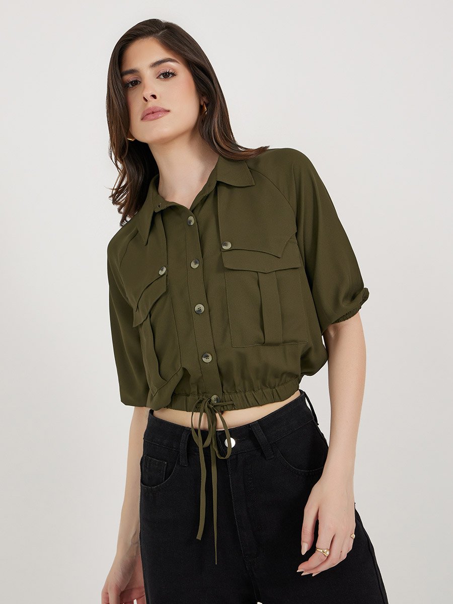 Solid Balloon Sleeve Crop Shirt with Pockets and Drawstring Detail