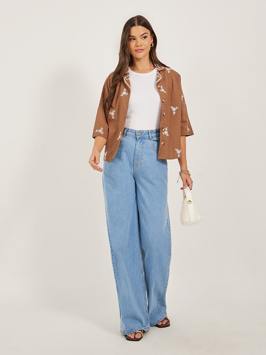 Embroidered Notch Lapel Buttoned Top