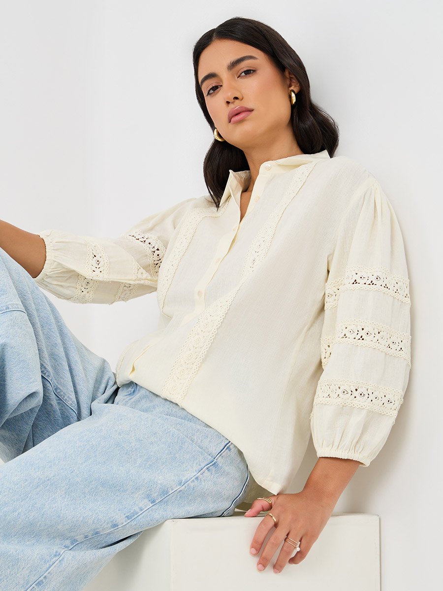 Lace Insert Cuffed Sleeves Buttoned Top