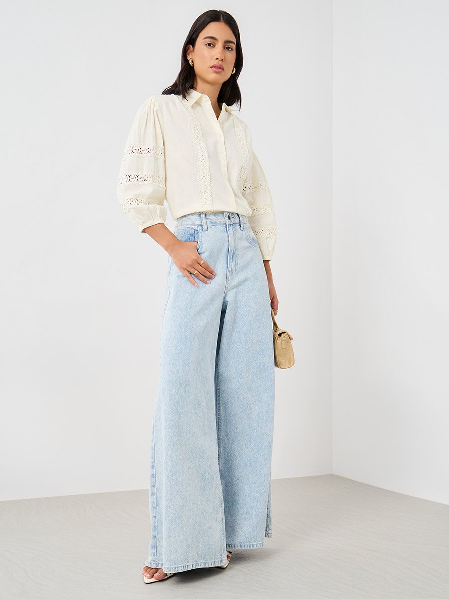 Lace Insert Cuffed Sleeves Buttoned Top