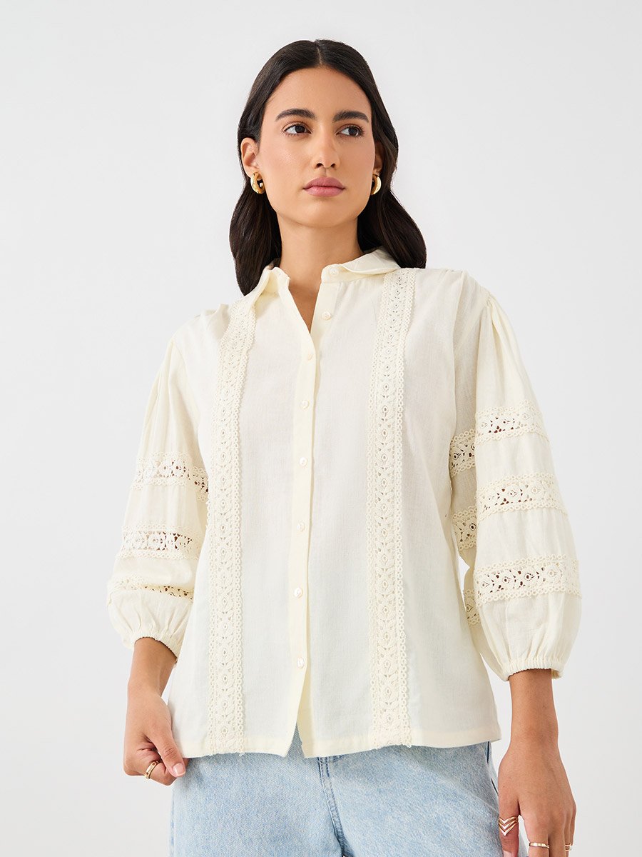 Lace Insert Cuffed Sleeves Buttoned Top