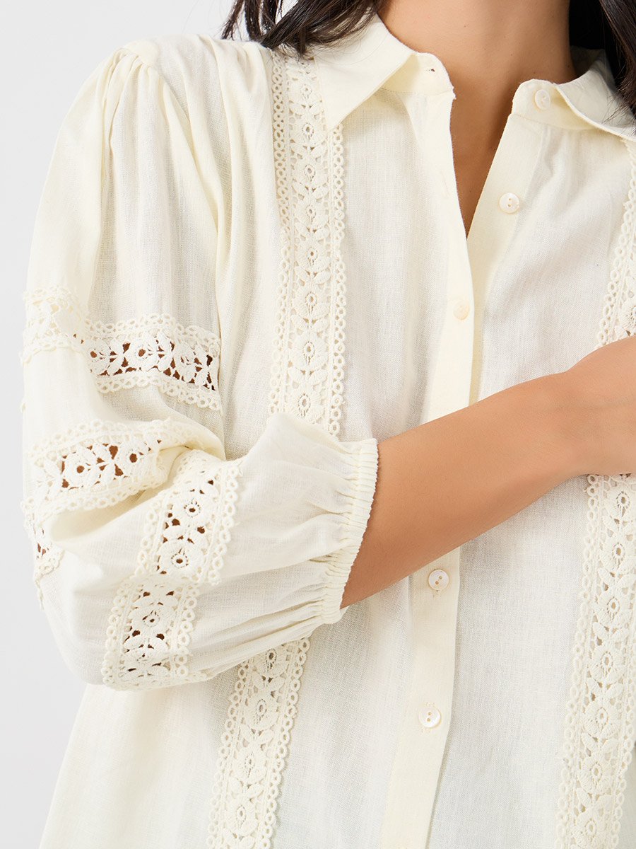 Lace Insert Cuffed Sleeves Buttoned Top
