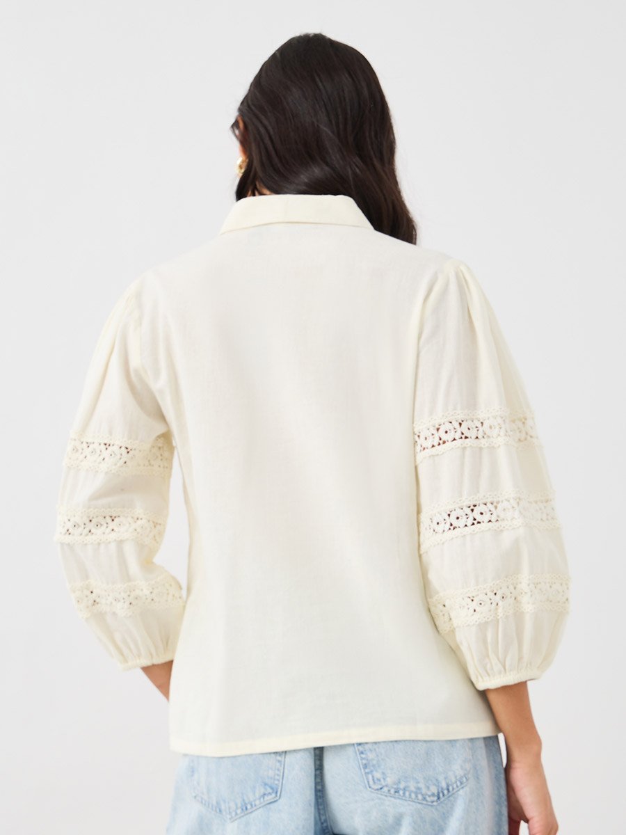 Lace Insert Cuffed Sleeves Buttoned Top