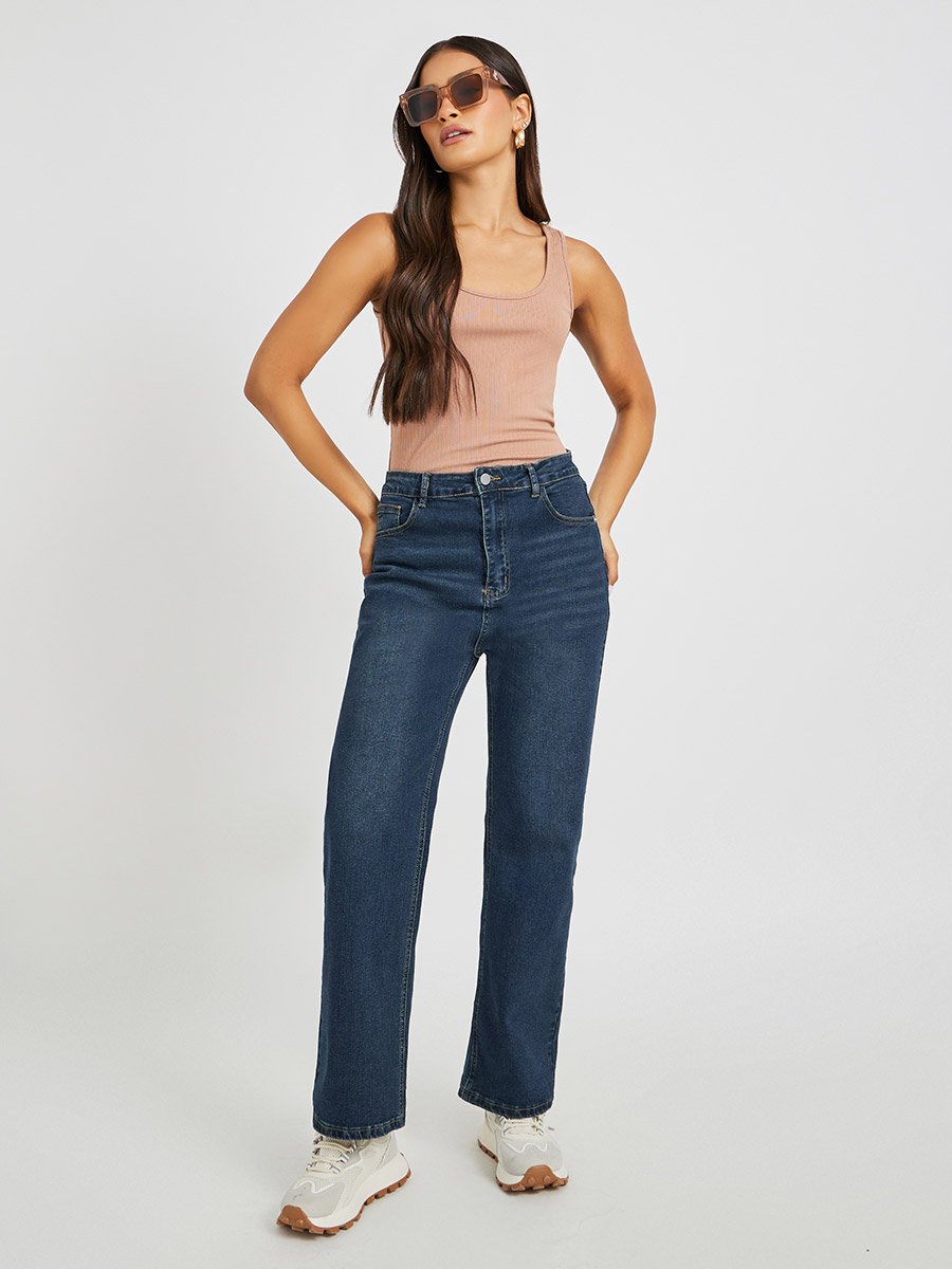 High Rise Whiskered Straight Fit Jeans