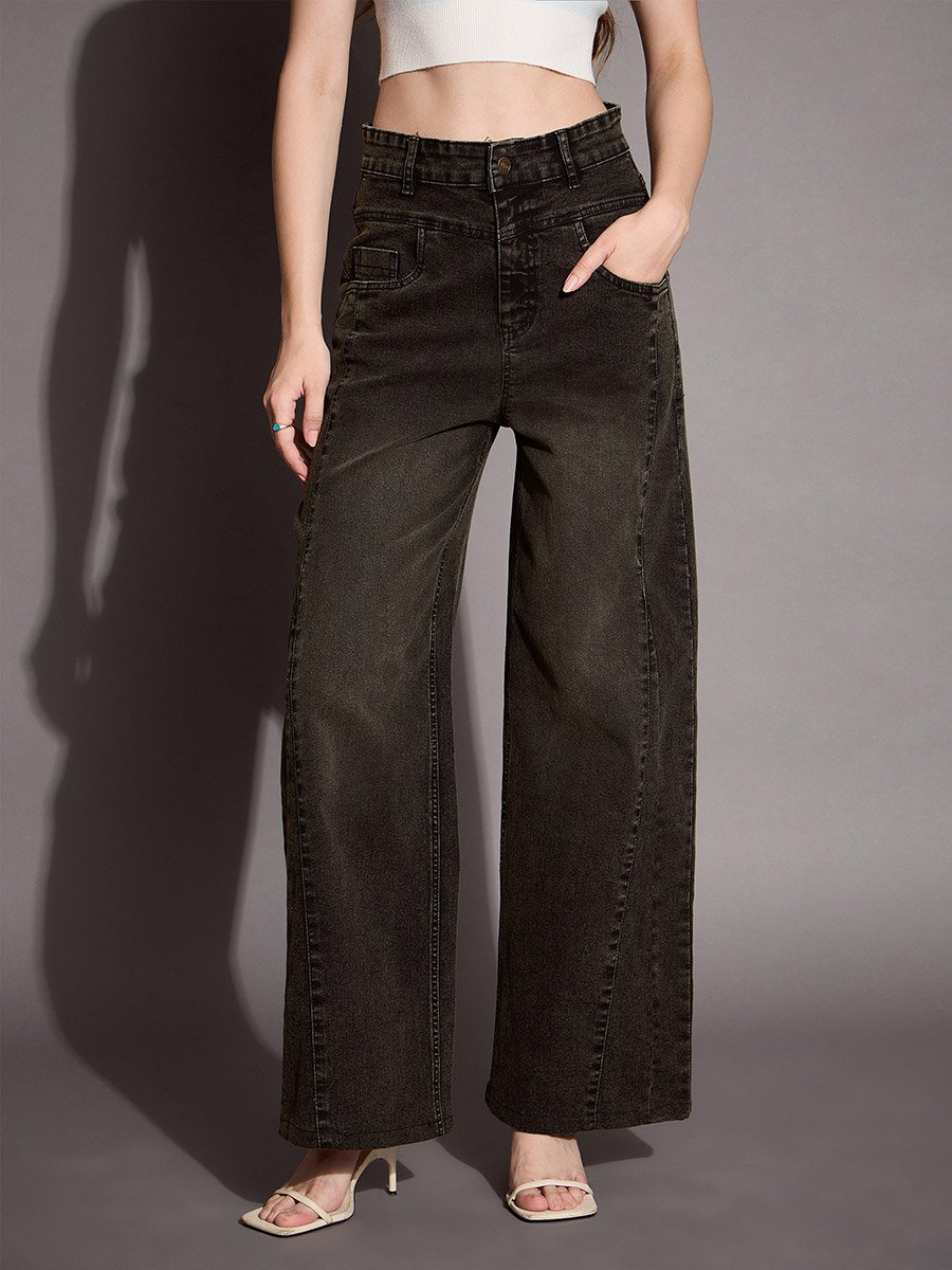 High Rise Wash Front Seam Straight Fit Jeans