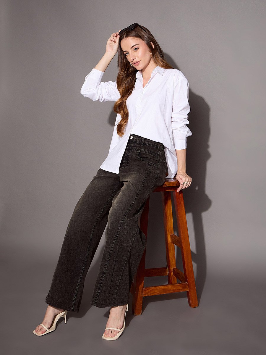 High Rise Wash Front Seam Straight Fit Jeans