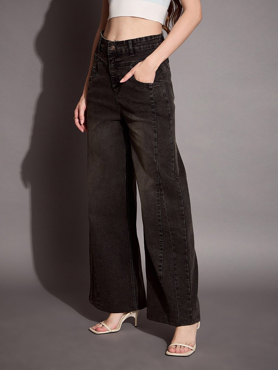 High Rise Wash Front Seam Straight Fit Jeans