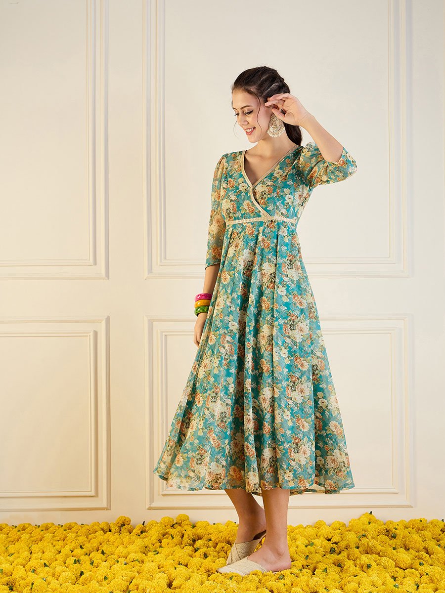 anarkali maxi dress Women Blue Shantoon Printed Anarkali Maxi Dress