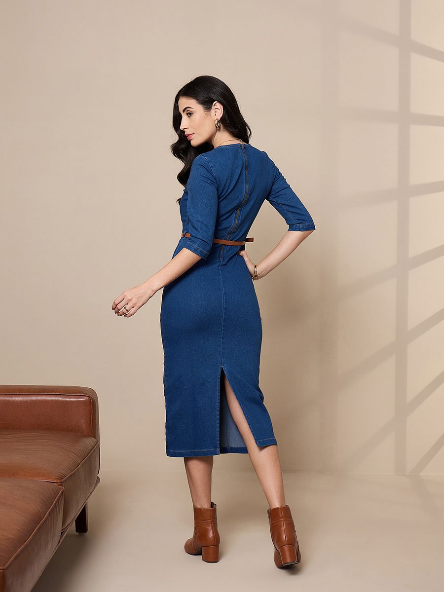 V Neck Denim Midi Dress with Contrast Stitch Detail For Women at Saudi |  Styli