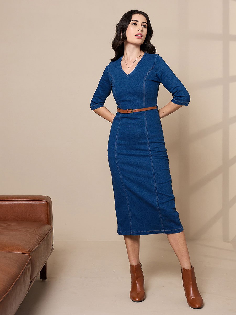 knee length dresses for ladies SASSAFRAS High Neck Sheath Midi Dress – Myntra International main image 0