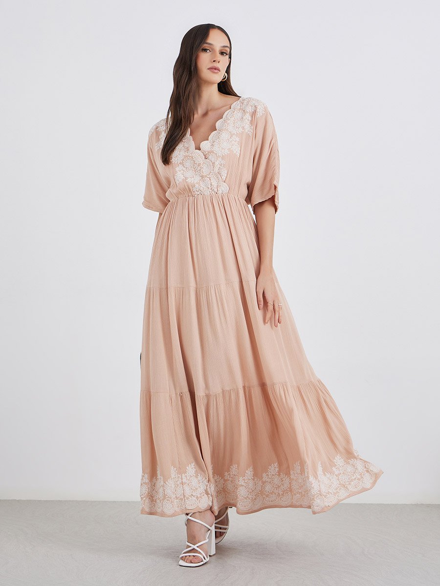 Embroidered V Neck Tiered Maxi Dress
