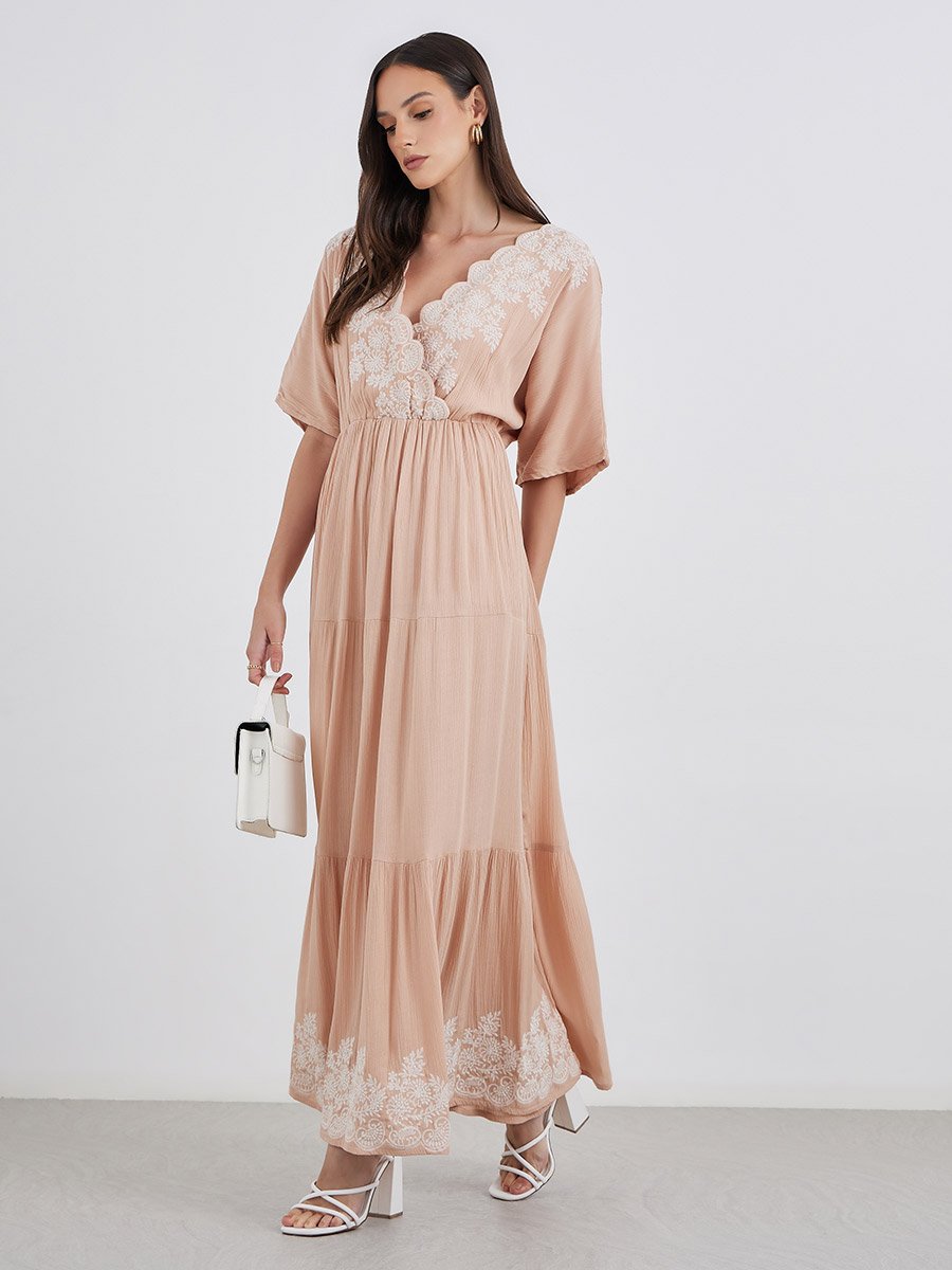 Embroidered V Neck Tiered Maxi Dress