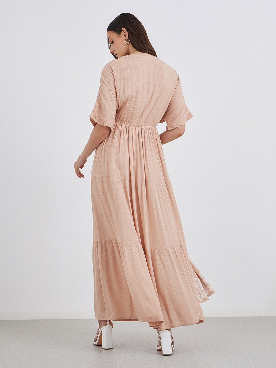 Embroidered V Neck Tiered Maxi Dress