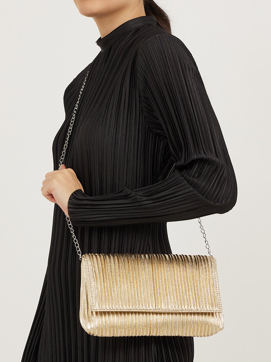 Metallic Pleated Clutch Bag with Chain Strap