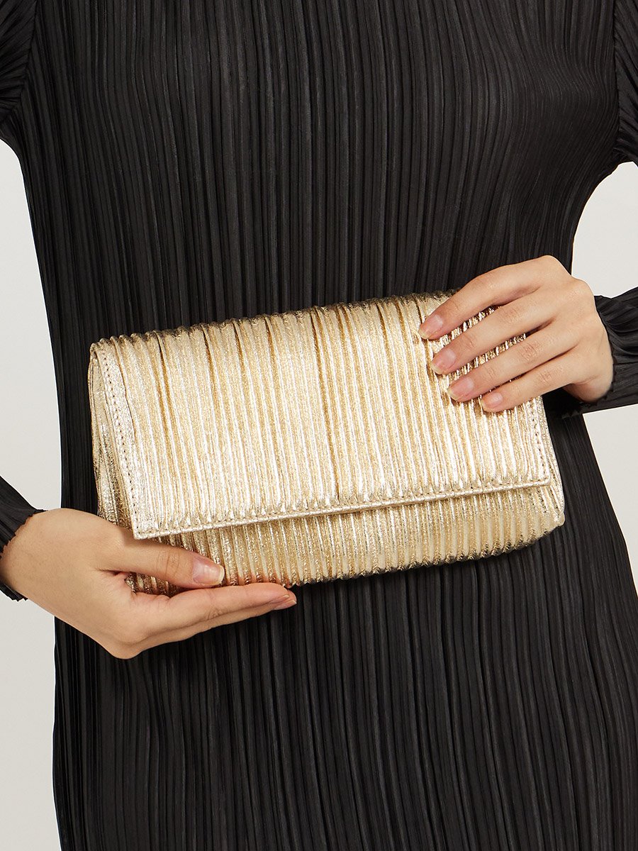Metallic Pleated Clutch Bag with Chain Strap
