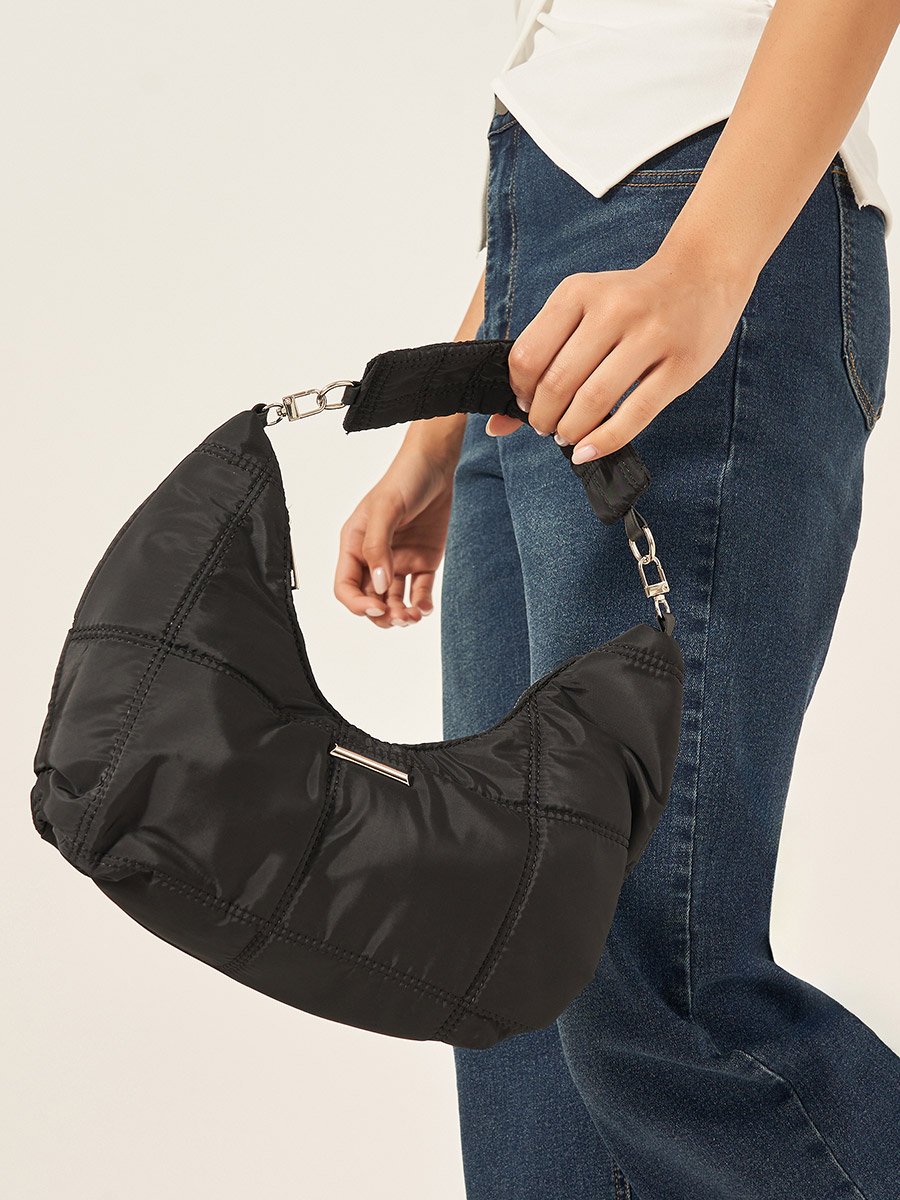 Quilted Hobo Bag with Metal Trim