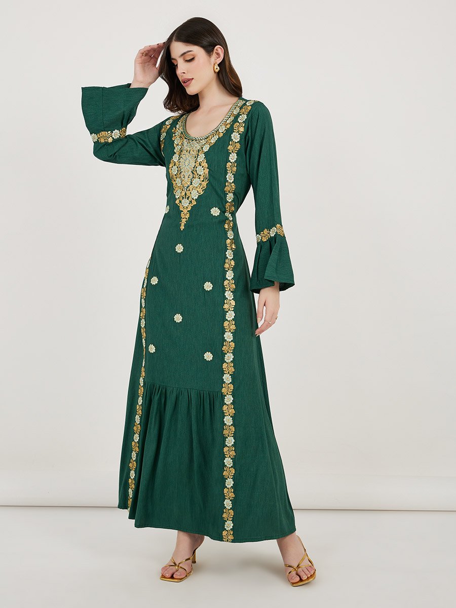 Embroidered Cotton Kaftan with Bell Sleeves