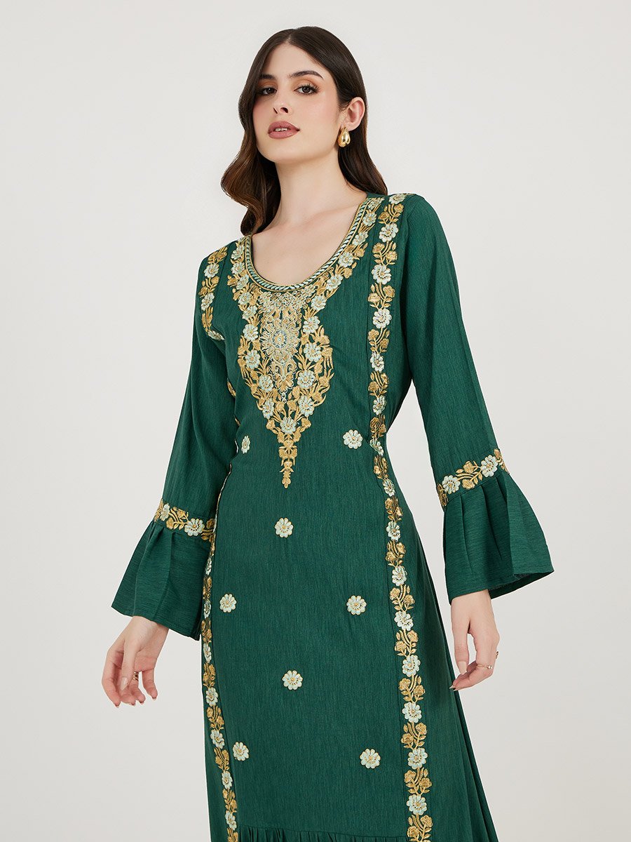 Embroidered Cotton Kaftan with Bell Sleeves