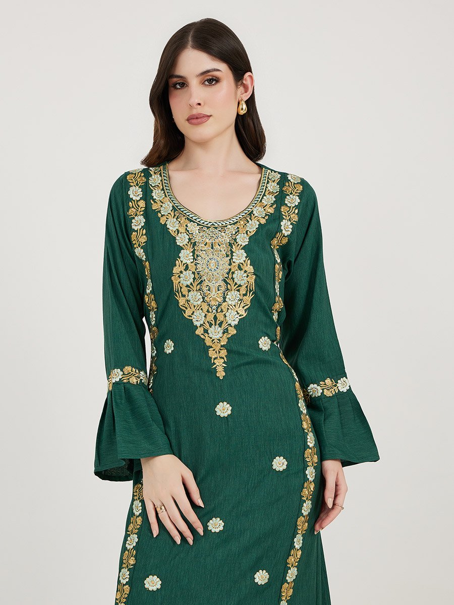Embroidered Cotton Kaftan with Bell Sleeves