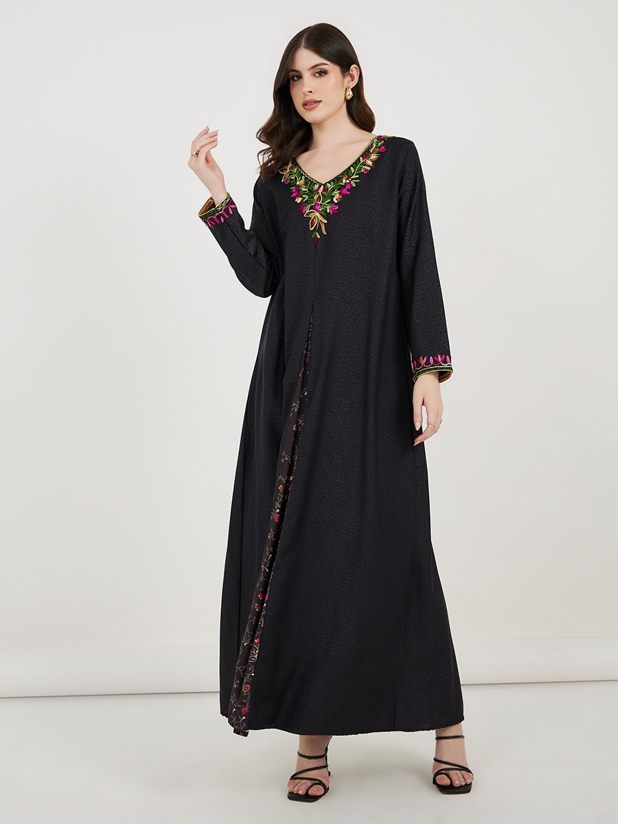 Embroidered V Neck Kaftan with Printed Panel