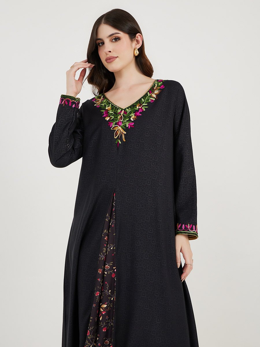Embroidered V Neck Kaftan with Printed Panel