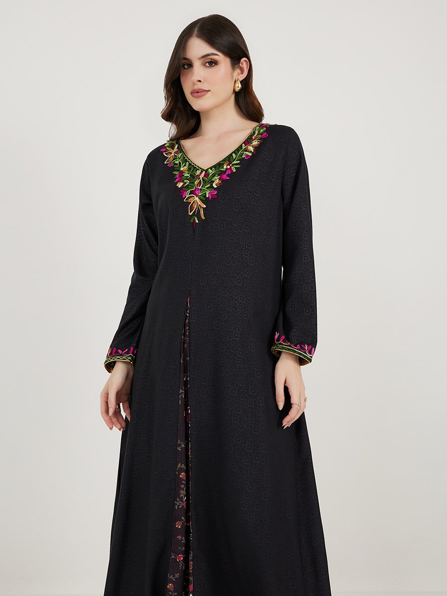 Embroidered V Neck Kaftan with Printed Panel