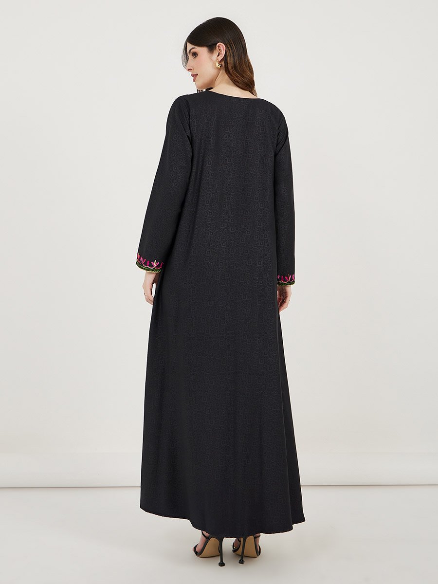 Embroidered V Neck Kaftan with Printed Panel