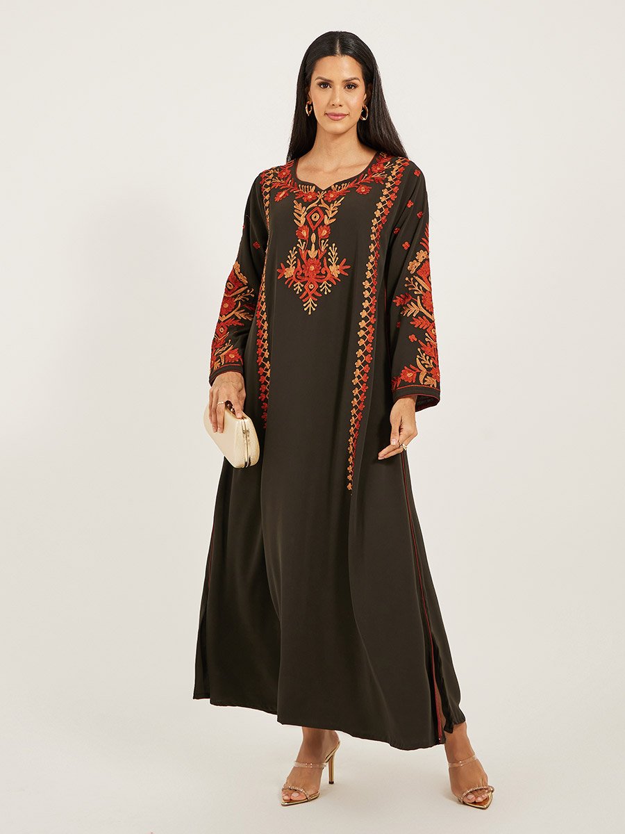 Embroidered Notch Neck Kaftan
