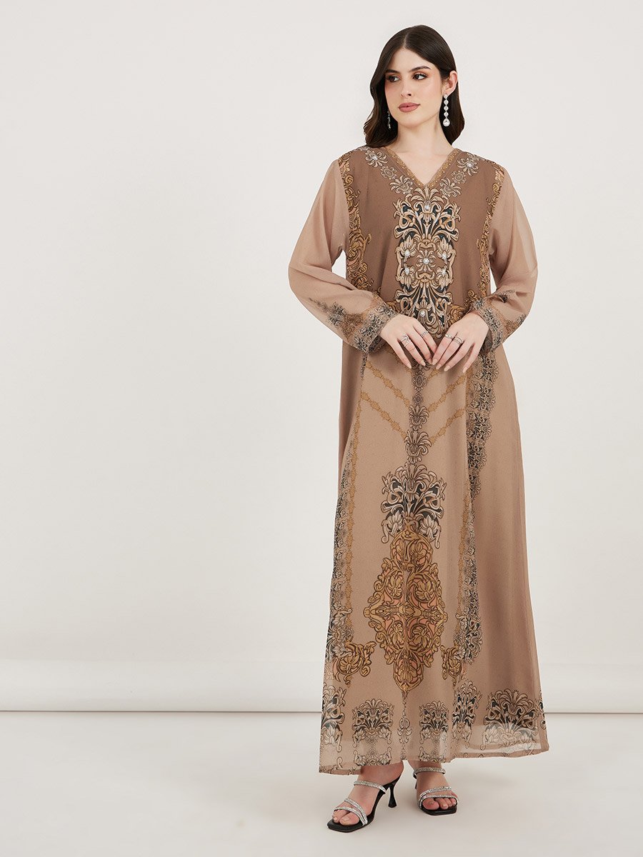 Damask Print Studded Georgette Kaftan