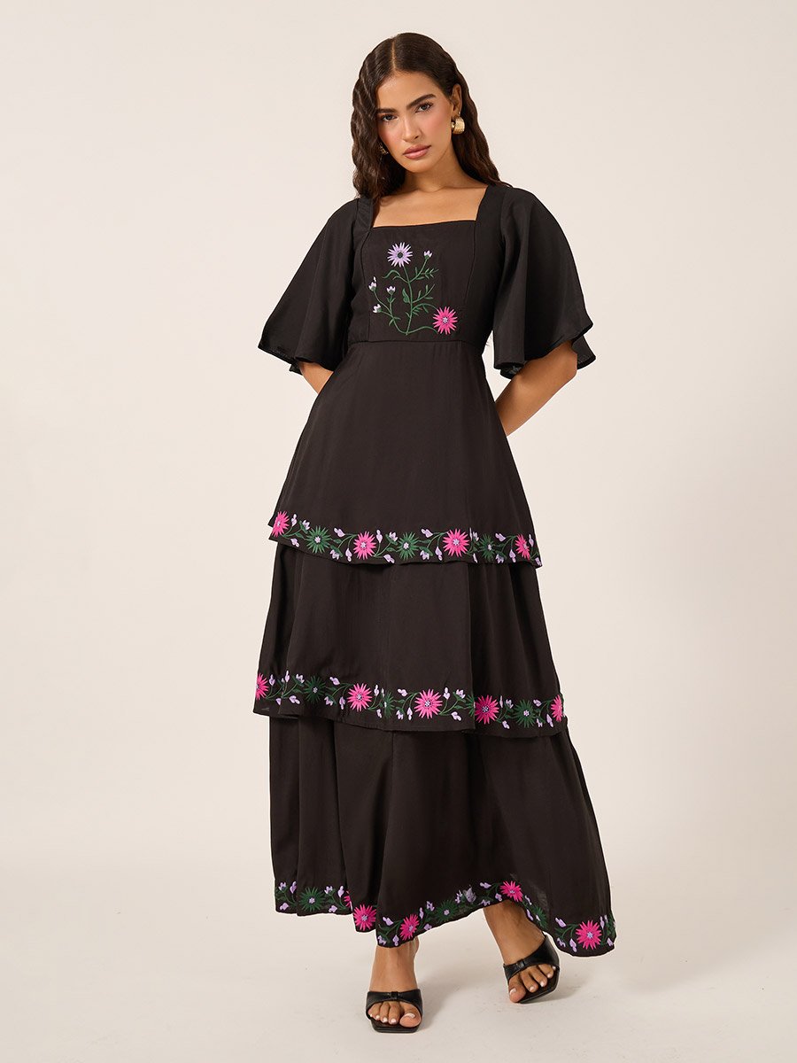 Embroidered Elbow Sleeves Tiered Maxi Dress For Women at UAE