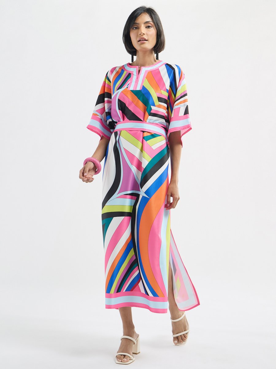 All Over Print Round Neck Kaftan Dress with Tie-Up Belt and Slit Detail