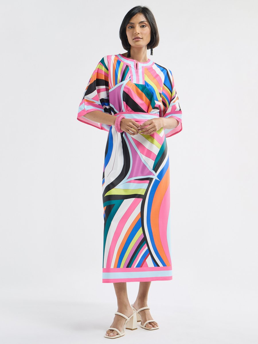 All Over Print Round Neck Kaftan Dress with Tie-Up Belt and Slit Detail