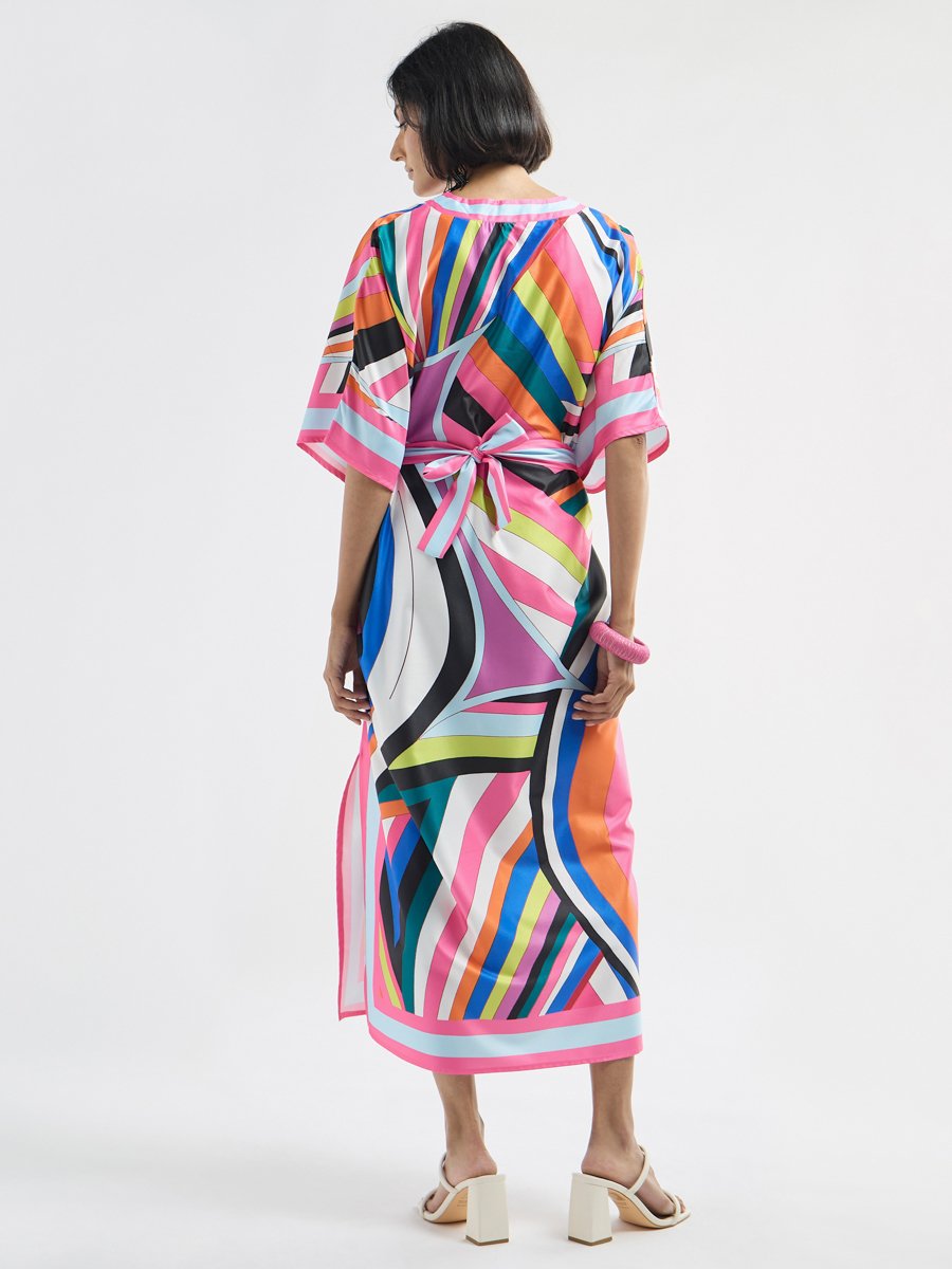All Over Print Round Neck Kaftan Dress with Tie-Up Belt and Slit Detail