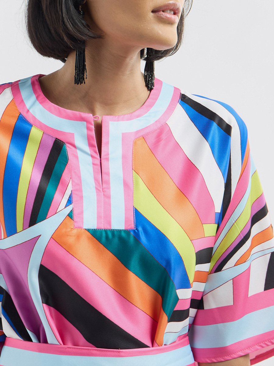 All Over Print Round Neck Kaftan Dress with Tie-Up Belt and Slit Detail