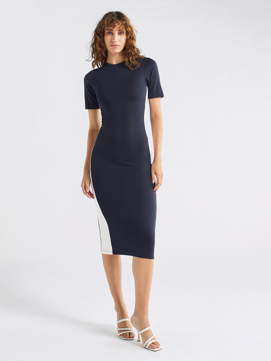 Panelled Bodycon Midi Dress with Short Sleeves For Women at UAE | Styli