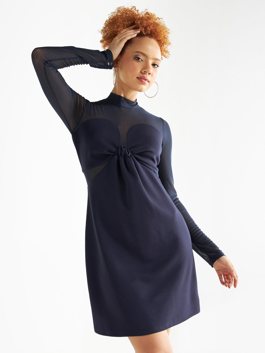 Solid Mini Shift Dress with High Neck and Long Sleeves For Women at Saudi |  Styli
