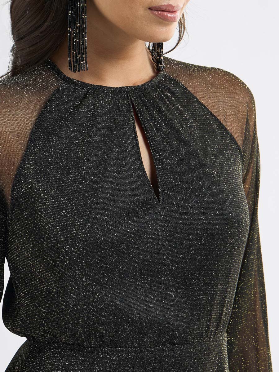 Shimmer Detail Midi A Line Dress with Long Sleeves and Round Neck For Women at Kuwait | Styli Shimmer Detail Midi A Line Dress with Long Sleeves and Round Neck For Women at Kuwait | Styli