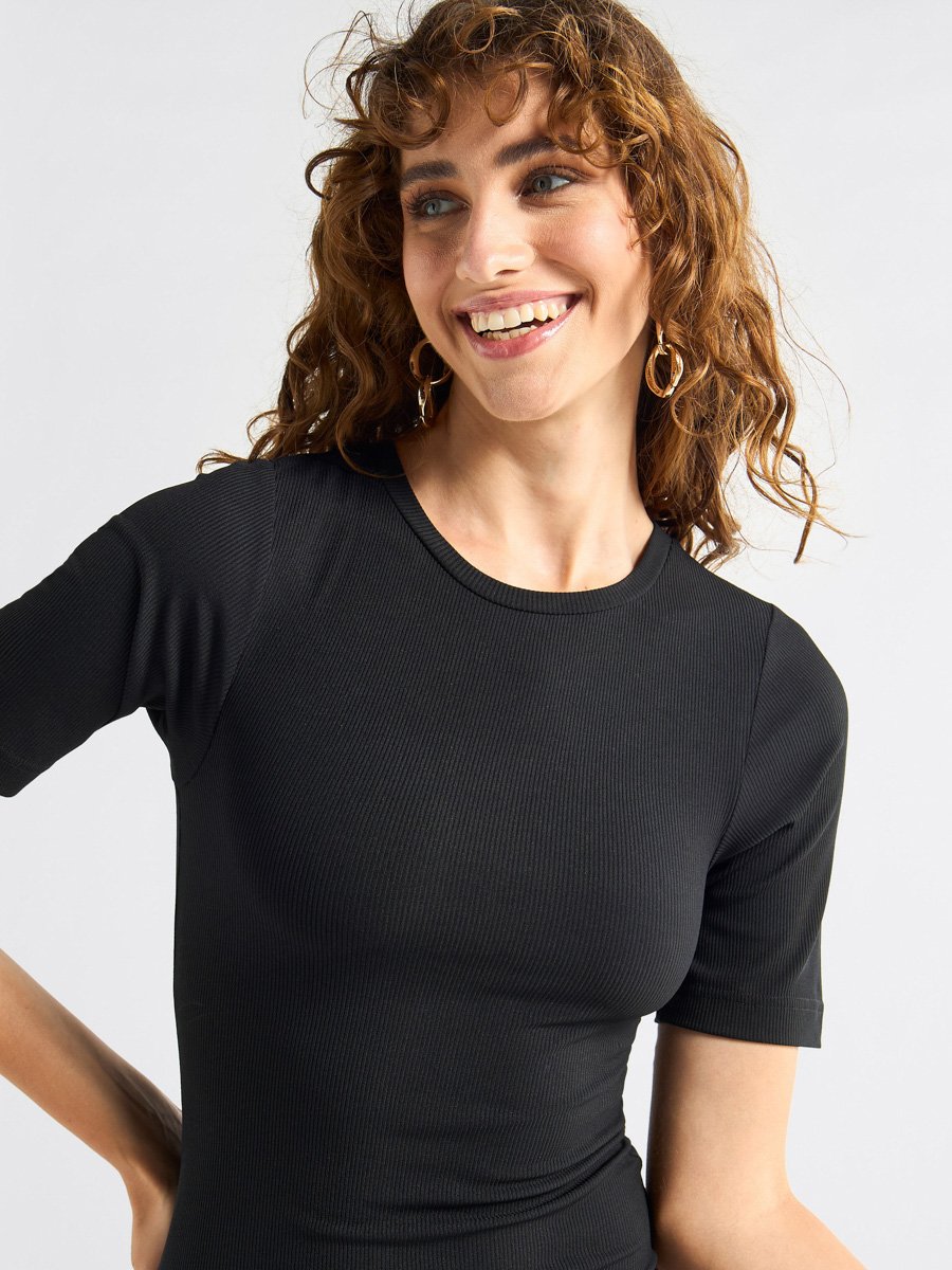 Ribbed Bodycon Dress with Round Neck and Short Sleeves For Women at Bahrain  | Styli