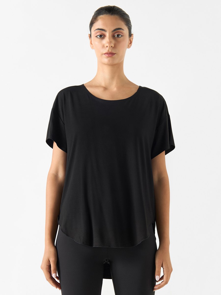 Solid Round Neck High Low T-Shirt with Short Sleeves