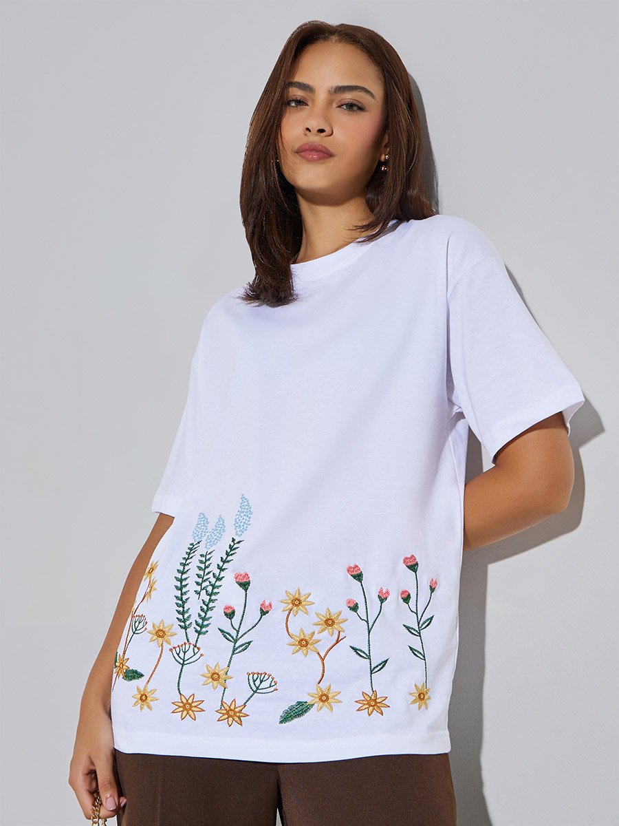 Embroidered Oversized Round Neck T-Shirt