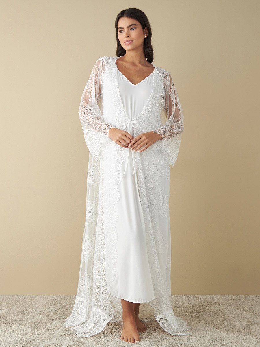 knee length dresses for ladies White Lace-Trimmed Dressing Gown  Luxury Handmade Bridal Robe M / White