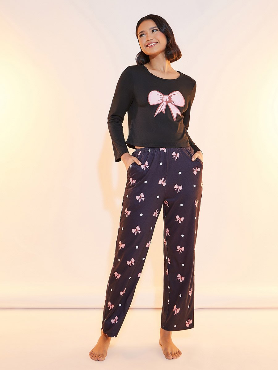Bow Print Round Neck T-Shirt and Pyjama Set